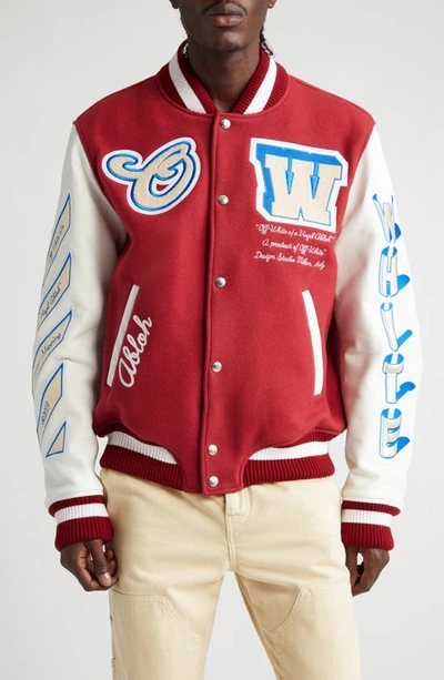 Shop Off-white Onthego Leather & Wool Blend Varsity Jacket In Red / Off White