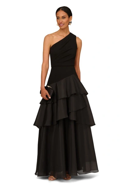 Shop Aidan Mattox By Adrianna Papell Tiered One-shoulder Ballgown In Black