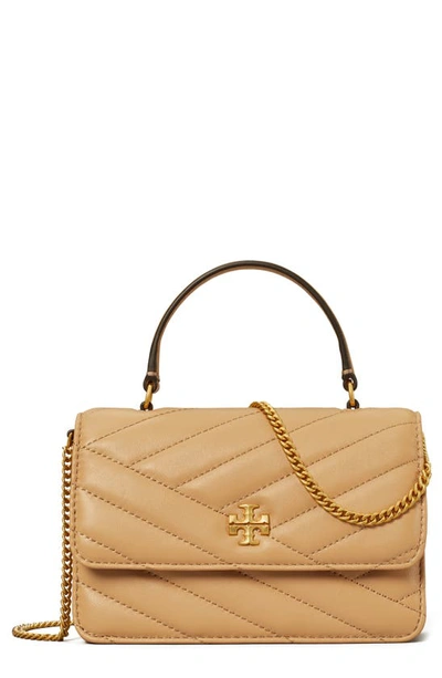 Shop Tory Burch Mini Kira Chevron Quilted Leather Top Handle Wallet On A Chain In Desert Dune