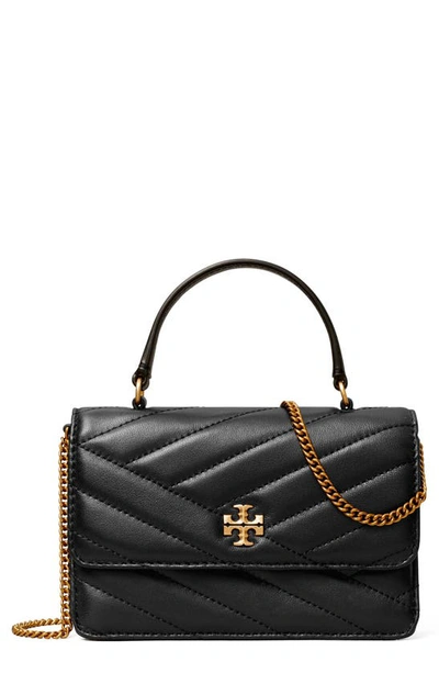 Shop Tory Burch Mini Kira Chevron Quilted Leather Top Handle Wallet On A Chain In Black
