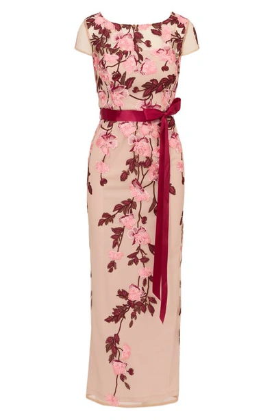 Shop Adrianna Papell Floral Cascading Column Gown In Merlot Multi/ Nude