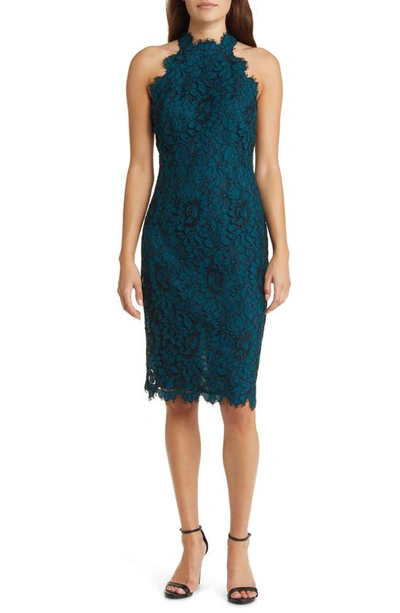 Shop Eliza J Mock Neck Lace Sheath Dress In Teal