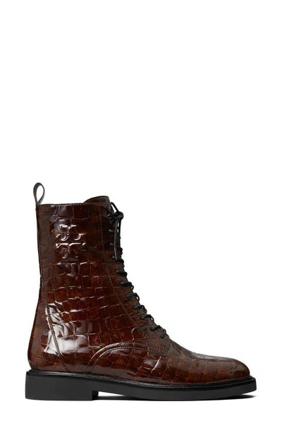 Tory Burch Double-t Croc Embossed Combat Boot In Brown Croc