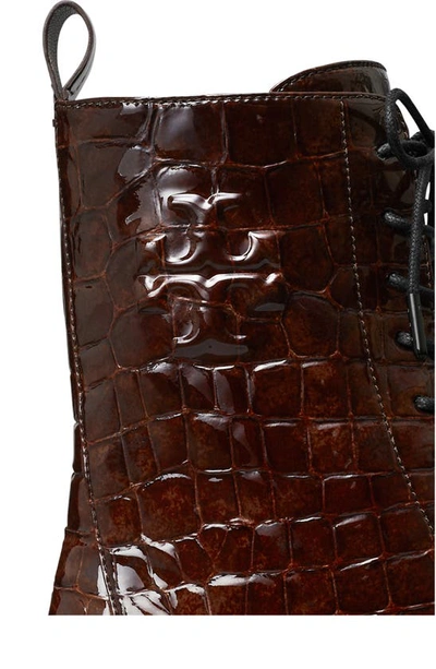Tory Burch Double-t Croc Embossed Combat Boot In Brown Croc