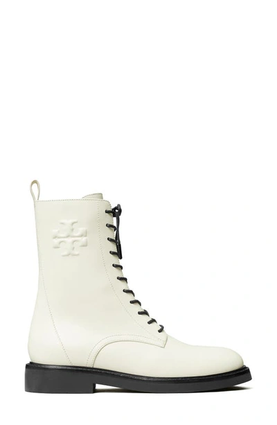 Tory Burch Embossed Logo Lace-up Combat Boot In Blanc