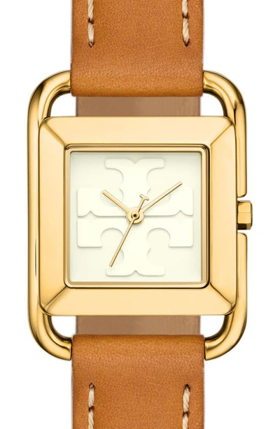 Shop Tory Burch The Miller Square Leather Strap Watch, 24mm In Ivory/gold/cammello