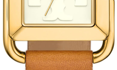 Shop Tory Burch The Miller Square Leather Strap Watch, 24mm In Ivory/gold/cammello