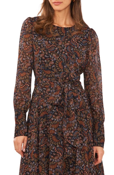 Halogen Print Tie Waist Long Sleeve Maxi Dress In Rich Black