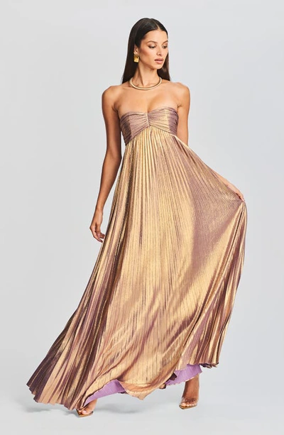 Shop Retroféte Lyanna Metallic Pleated Strapless Gown In Purple/ Gold