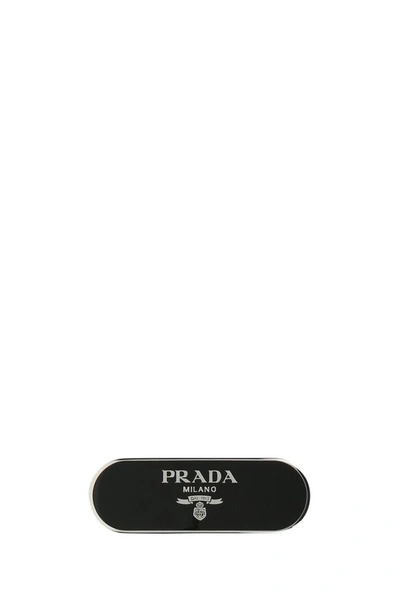 Shop Prada Woman Black Metal Hair Clip In Silver