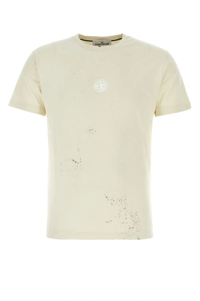 Shop Stone Island Man Ivory Cotton T-shirt In White