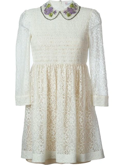 Red Valentino Violet-embroidered Lace Dress In Ivory