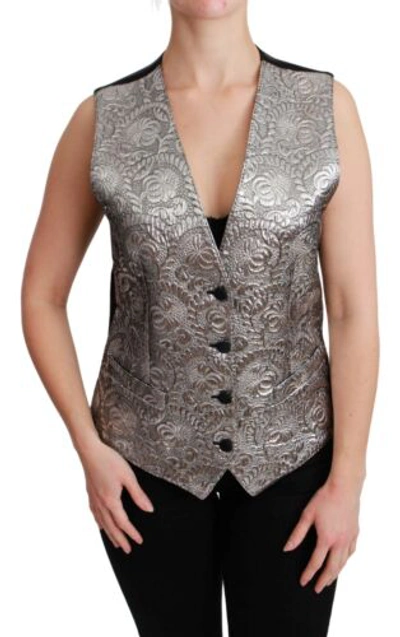 Pre-owned Dolce & Gabbana Dolce&gabbana Women Silver Waistcoat Polyester Brocade Floral Sleeveless Vest