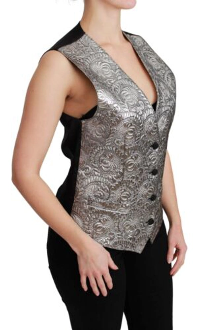 Pre-owned Dolce & Gabbana Dolce&gabbana Women Silver Waistcoat Polyester Brocade Floral Sleeveless Vest