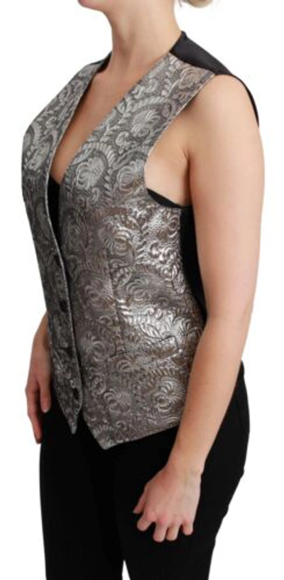 Pre-owned Dolce & Gabbana Dolce&gabbana Women Silver Waistcoat Polyester Brocade Floral Sleeveless Vest