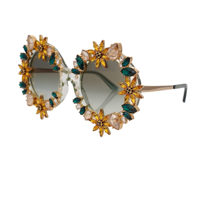 Pre-owned Dolce & Gabbana Sun Flower Crystal Pearl Sunglasses Green Gold Dg4369 12738 In Pink