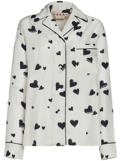 Shop Marni Bunch Of Hearts Silk Pajama Shirt In White