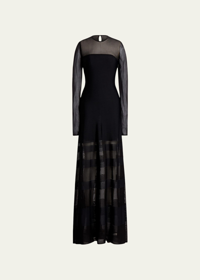 Shop Ralph Lauren Long-sleeve Sheer Striped Illusion Gown In Black