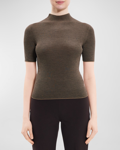 Shop Theory Leenda Mock-neck Ribbed Regal Wool Sweater In Dark Beige/mink