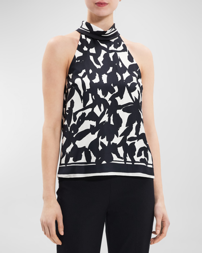 Shop Theory Roll-neck Floral Silk Halter Top In Ivory Multi