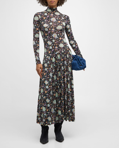 Shop Ulla Johnson Fernanda Floral Pleated Asymmetric Midi Dress In Nuit