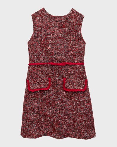 Shop Helena Girl's Tweed Sleeveless Ruffle Trim Dress In Red