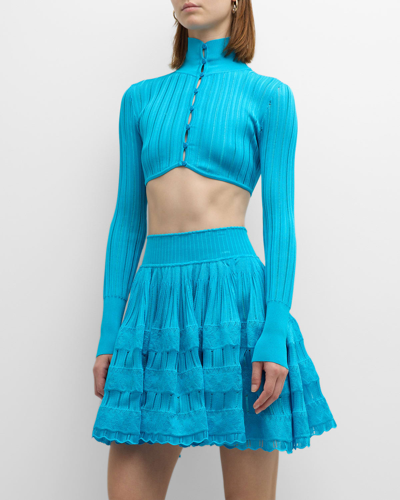 Shop Alaïa Cropped Crino Button-front Cardigan Top In Turquoise