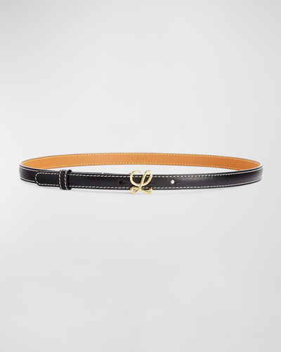 Shop Loewe Logo Leather Buckle Skinny Belt In Black Gold