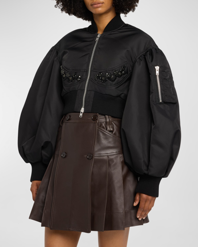 Shop Simone Rocha Embellished Cropped Zip-front Bomber Jacket In Blackjet