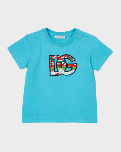 Shop Dolce & Gabbana Kid's Carretto Embroidered Interlocked Logo T-shirt In Torquoise