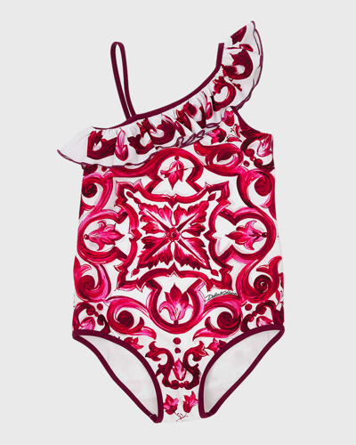 Shop Dolce & Gabbana Girl's Maiolica Ruffle One-piece Swimsuit In Multiprint
