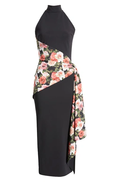 Shop Chiara Boni La Petite Robe Gudairi Floral Panel Cascade Detail Halter Dress In Black