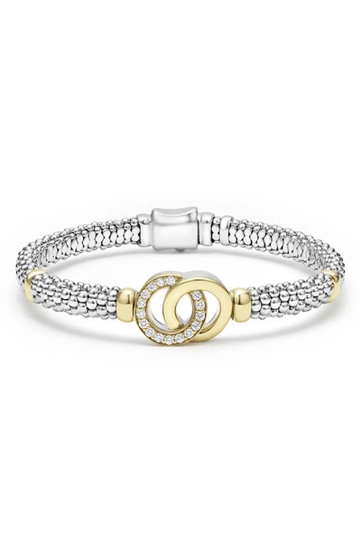 Shop Lagos Signature Caviar Diamond Interlock Circle Bracelet In Silver