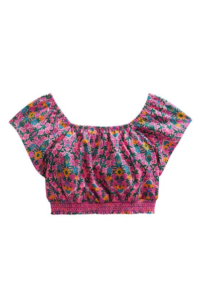 Mini Boden Kids' Azalea Print Square Neck Crop Top In Azalea Woodblock Vine