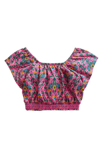 Mini Boden Kids' Azalea Print Square Neck Crop Top In Azalea Woodblock Vine