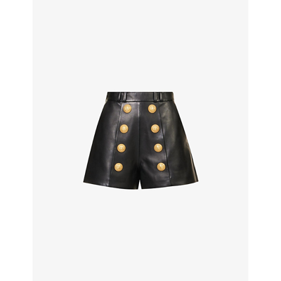 Shop Balmain Women's Noir Button-embellished Mid-rise Leather Shorts