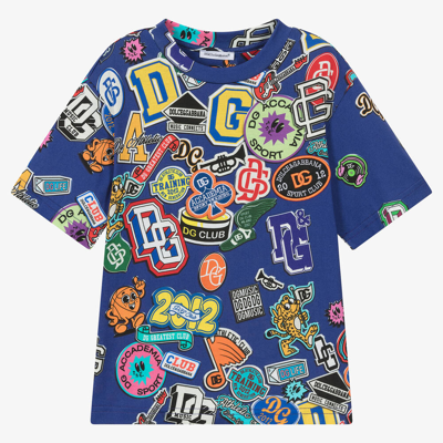 Shop Dolce & Gabbana Boys Blue Cotton Badges T-shirt
