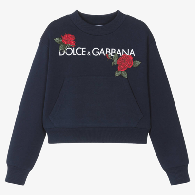 Shop Dolce & Gabbana Girls Blue Cotton Rose Sweatshirt