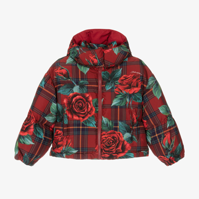 Shop Dolce & Gabbana Girls Red Tartan Rose Puffer Jacket