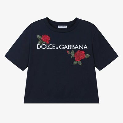 Shop Dolce & Gabbana Girls Blue Cotton Roses T-shirt