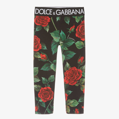 Shop Dolce & Gabbana Girls Black & Red Cotton Rose Leggings