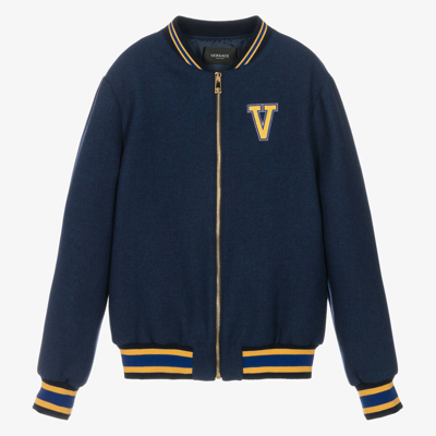 Shop Versace Teen Boys Blue Wool Medusa Jacket
