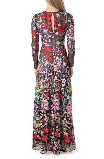Shop Dress The Population Ava Floral Embroidered Long Sleeve Gown In Rouge Multi