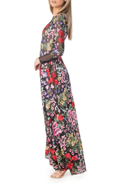 Shop Dress The Population Ava Floral Embroidered Long Sleeve Gown In Rouge Multi