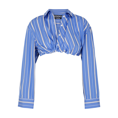 Shop Jacquemus La Chemise Bahia Courte Cropped Cotton Shirt In Blue