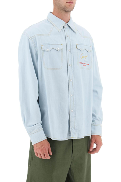 Shop Kenzo Embroidered Denim Western Shirt In Blue
