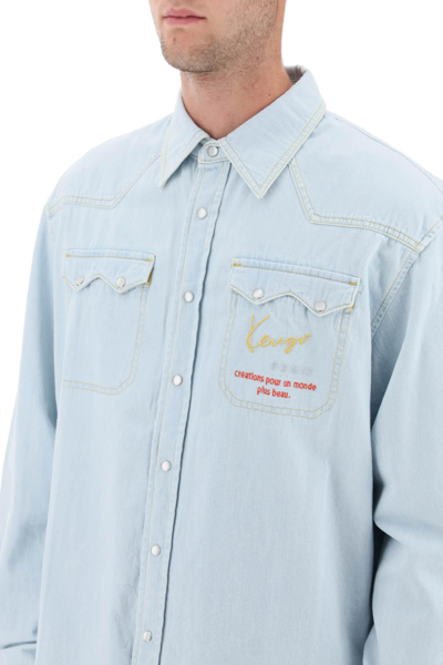 Shop Kenzo Embroidered Denim Western Shirt In Blue