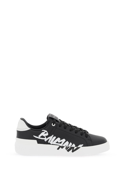 Shop Balmain Leather 'b-court' Sneakers With Logo Print In White,black