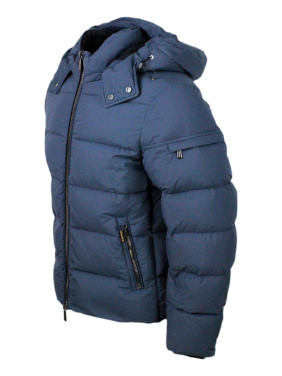Shop Moorer Goose Down Padded Bomber Jacket With Removable Hood In Blu Navy