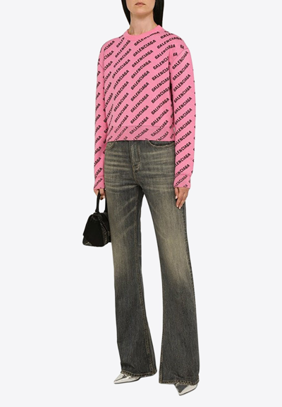Shop Balenciaga All-over Logo Cropped Sweater In Pink